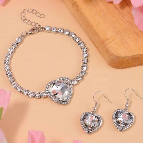 White Glass and Austrian Crystal Heart Bracelet (7.50-9.50In) and Earrings Set - Picture 1 of 8